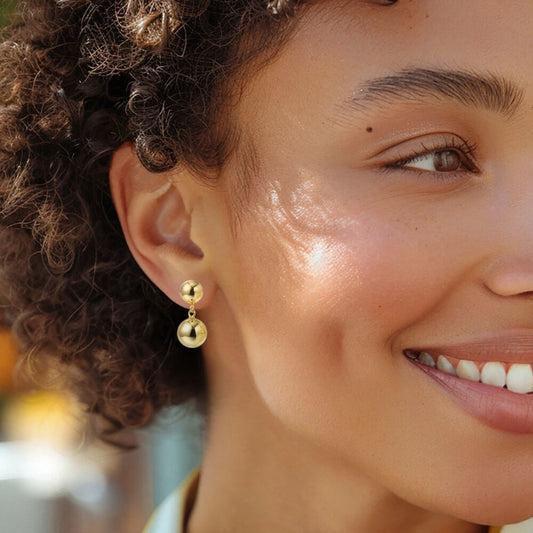 18K Gold Double Ball Drop Earrings