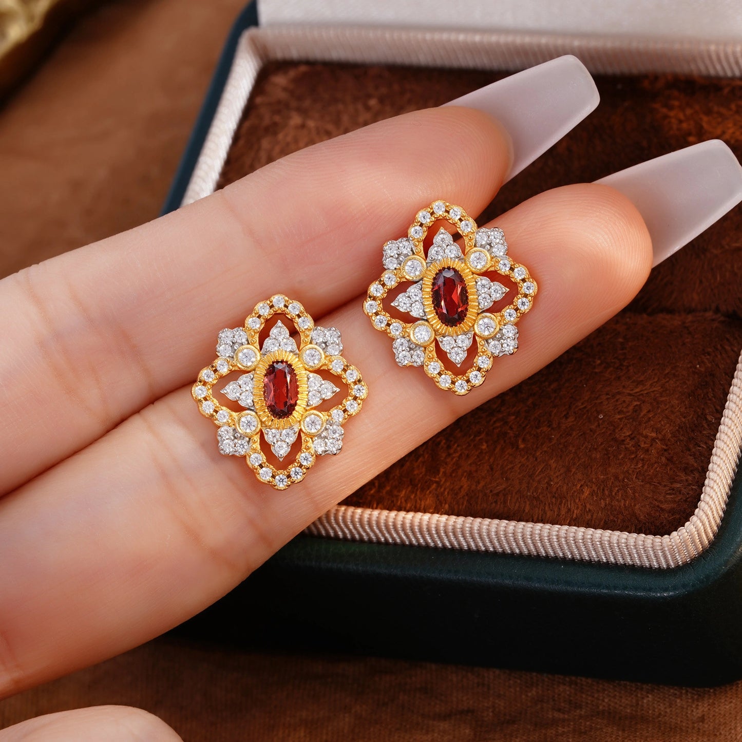 Garnet Cluster Drop Earrings