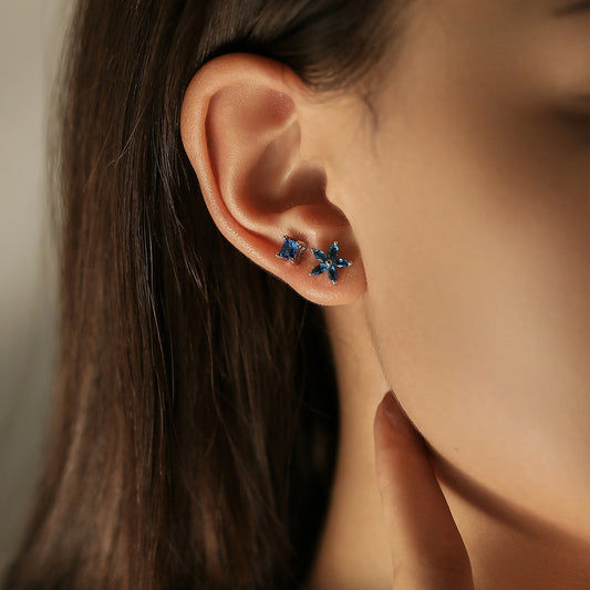 Asymmetric Dual Sapphire Flower Earrings
