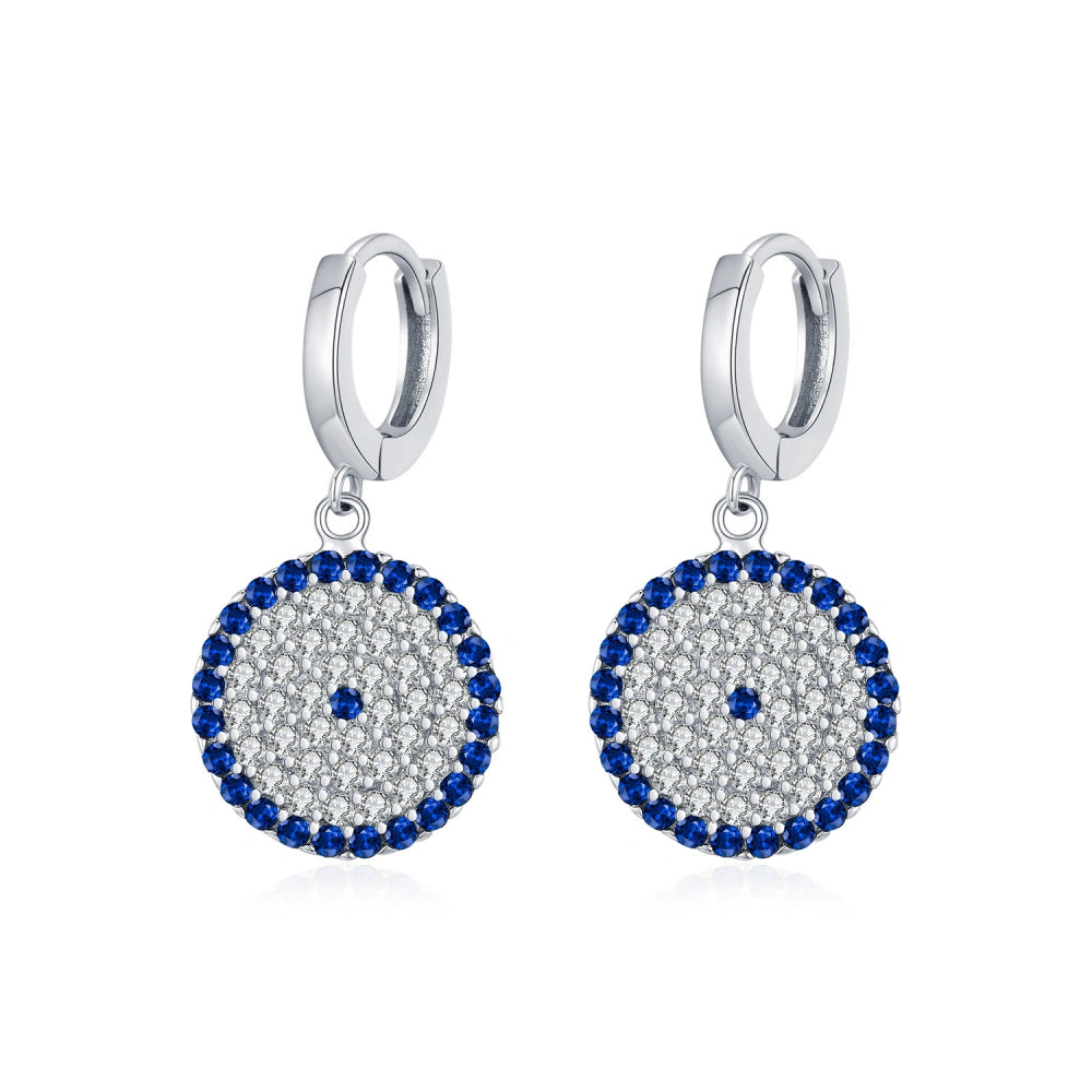 Evil Eye Disc Sterling Silver Drop Huggie Earrings