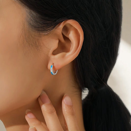Bright Blue Enamel Huggie Hoop Sterling Silver Earrings
