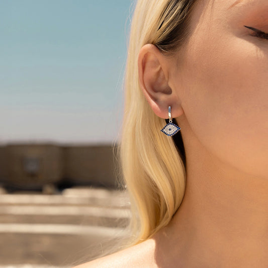 Evil Eye Sterling Silver Drop Huggie Earrings