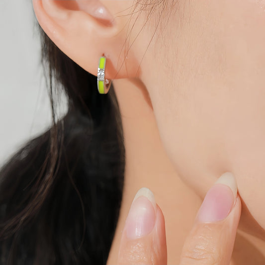 Fresh Lime Enamel Huggie Hoop Sterling Silver Earrings
