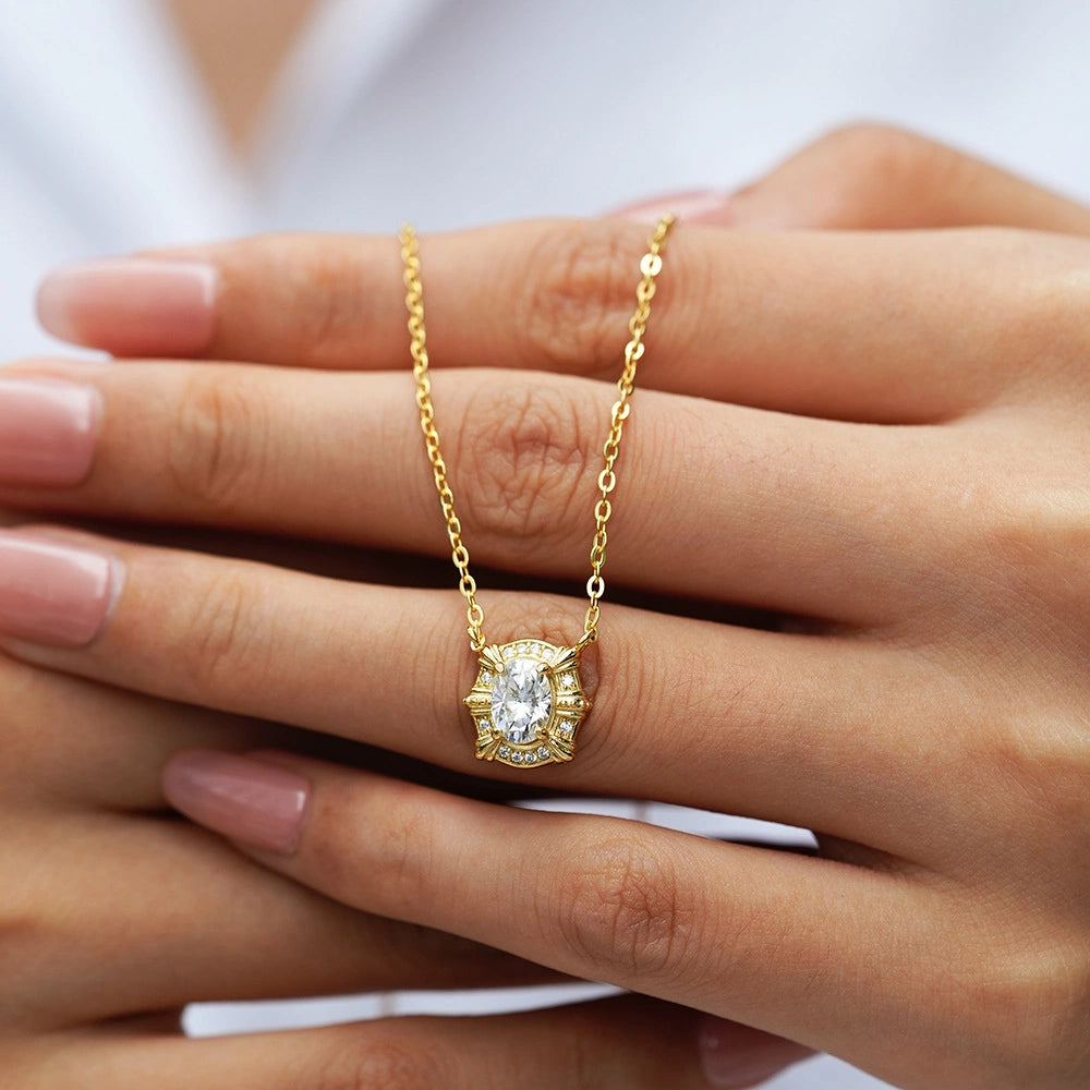 Vintage Oval 14K Gold Moissanite Necklace