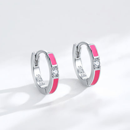 Pretty Pink Enamel Huggie Hoop Sterling Silver Earrings