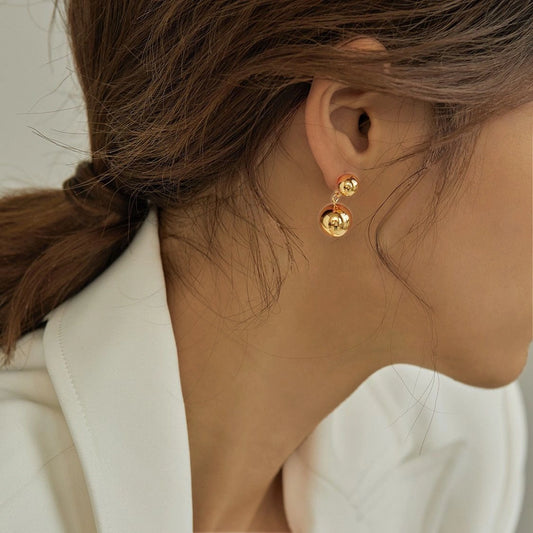 18K Gold Double Ball Drop Earrings