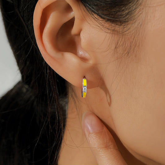 Sunny Yellow Enamel Huggie Hoop Sterling Silver Earrings