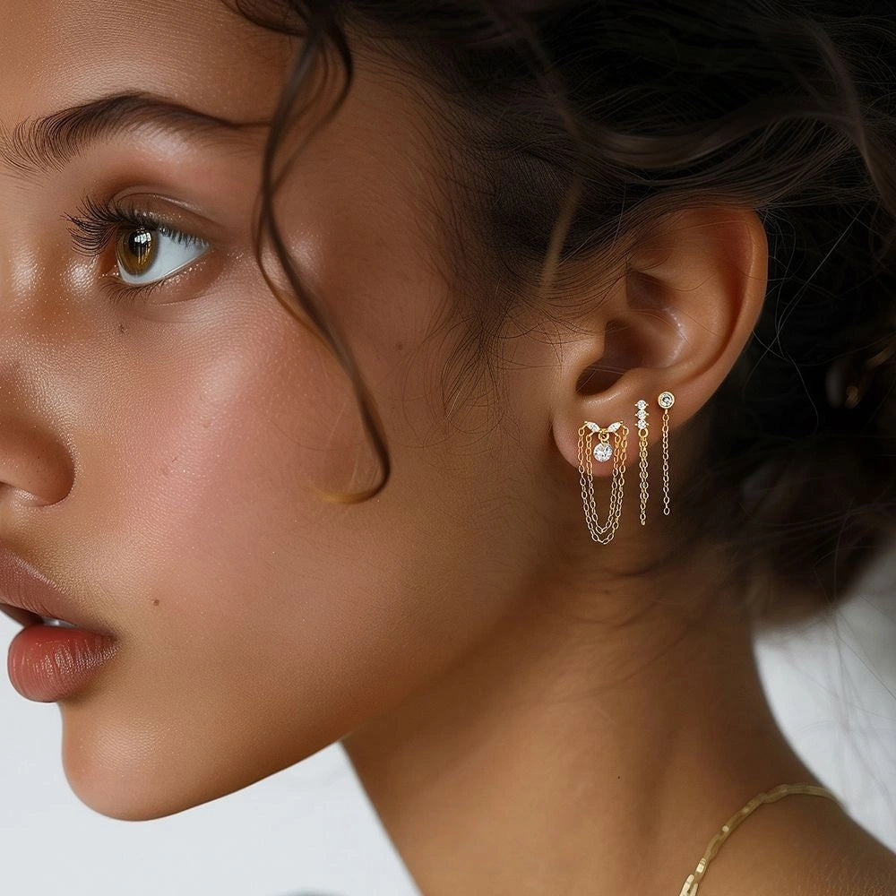 Starlit Veil Chains Ear Stack 18K Gold Earrings