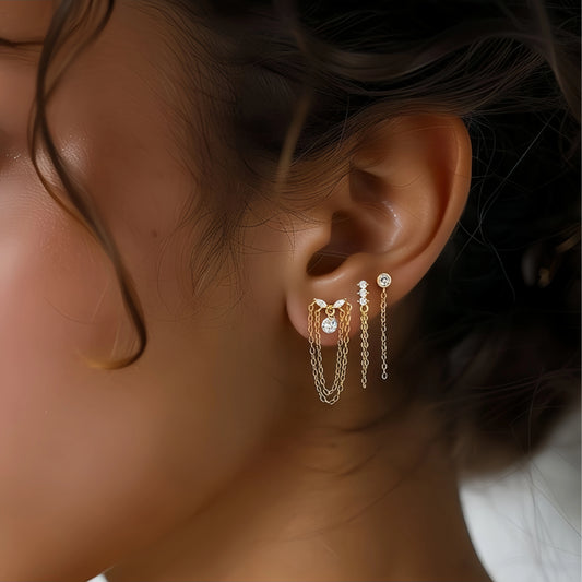 Starlit Veil Chains Ear Stack 18K Gold Earrings