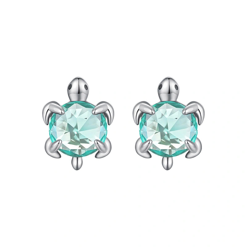 Aqua Turtle Sterling Silver Stud Earrings