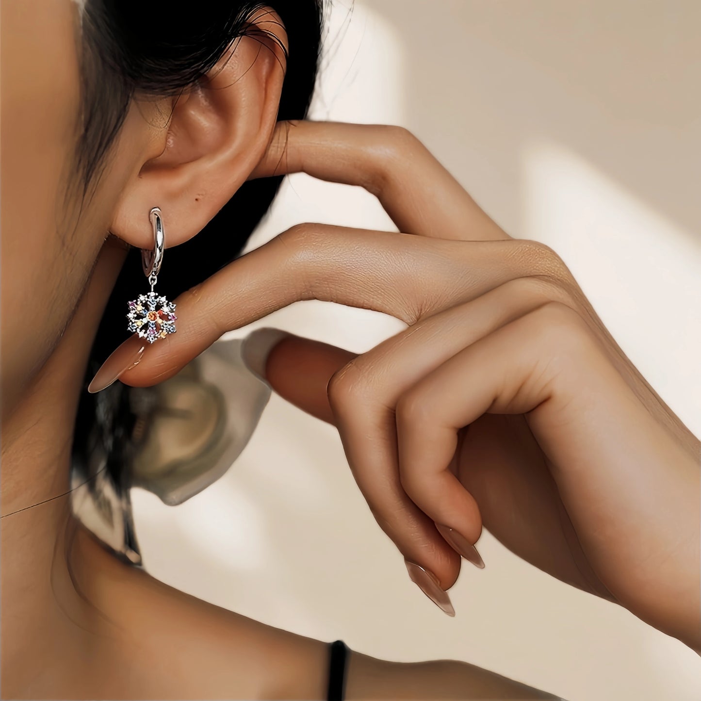 Rainbow Snowflake Sterling Silver Hoop Drop Earrings