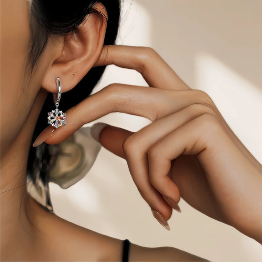 Rainbow Snowflake Sterling Silver Hoop Drop Earrings