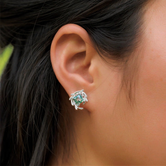 Forest Fern Moss Agate Sterling Silver Stud Earrings
