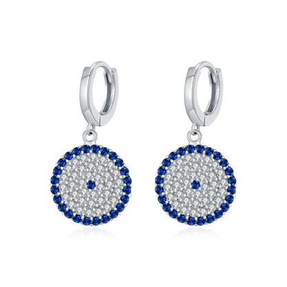 Evil Eye Disc Sterling Silver Drop Huggie Earrings