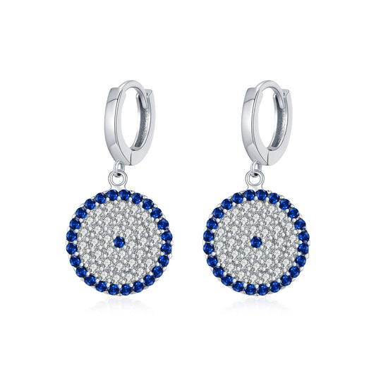 Evil Eye Disc Sterling Silver Drop Huggie Earrings