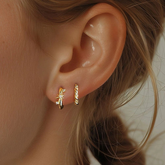 Starlit Twist Ear Stack 18K Gold Huggie Hoop Earrings