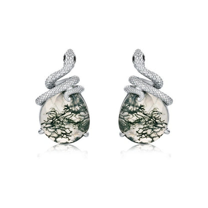 Snake and Moss Agate Drop Earrings