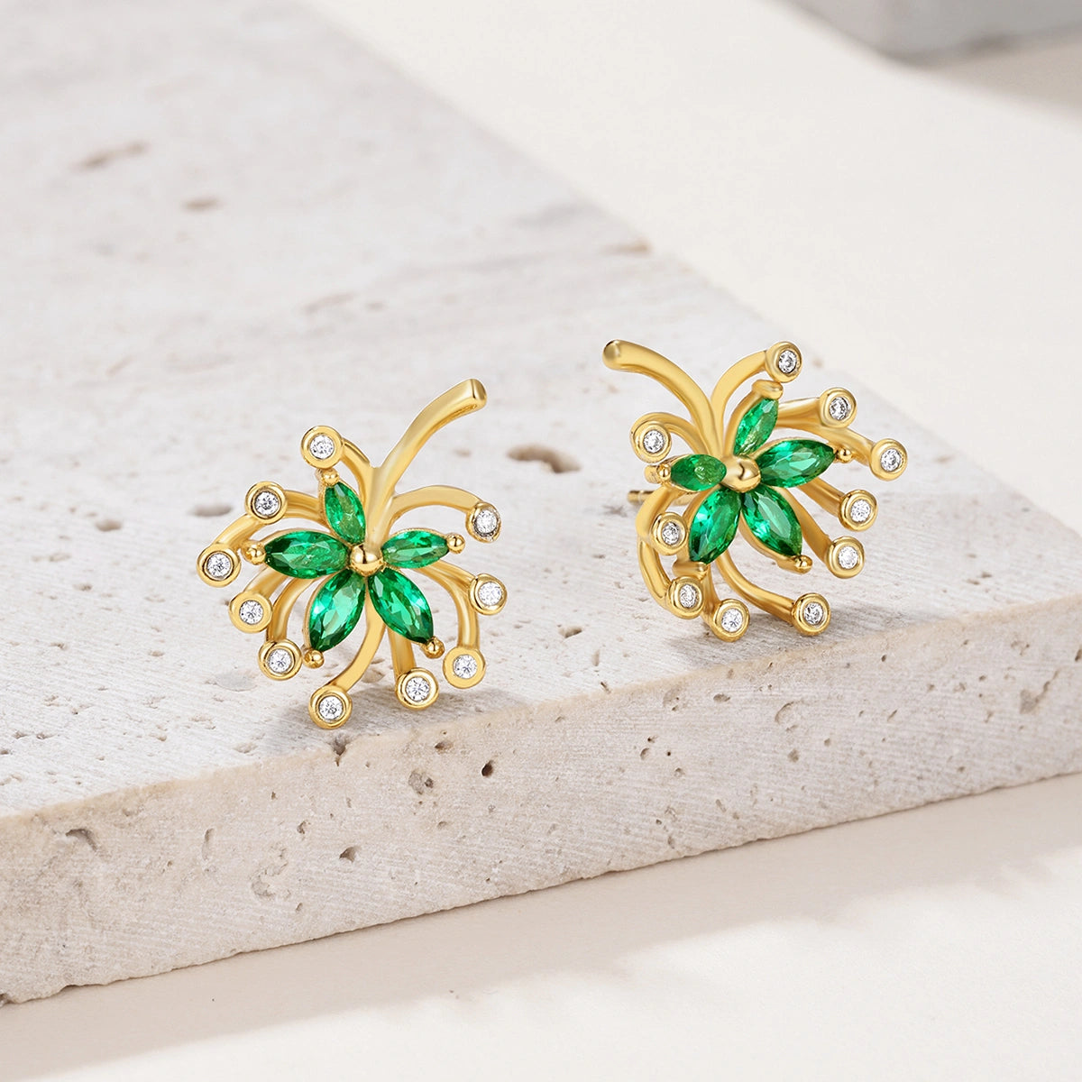 Emerald Bloom 18K Gold Stud Earrings
